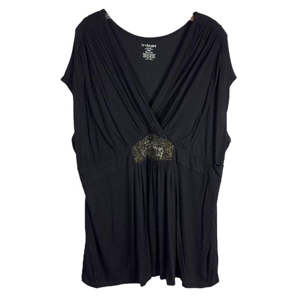 Lane Bryant Plus Size 26 28 Top Black Beaded Short Sleeve V Neck‎ Stretch 1057